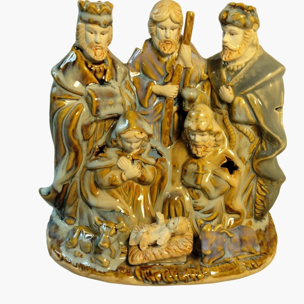 Ceramic Nativity Candle Luminary Figurine Wise Men Joseph Mary Baby Jesus Scene